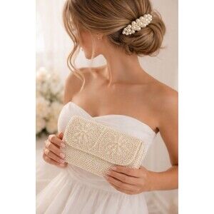 Vintage Pearl Beaded Clutch Hair Clip Set Ivory Bridal Coquette Bag